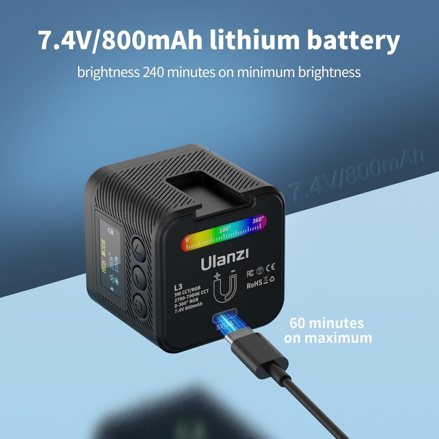 ULANZI L3 RGB LED Video Light 2700K-7000K Mini COB Magnetic w/Barndoor Fresnel