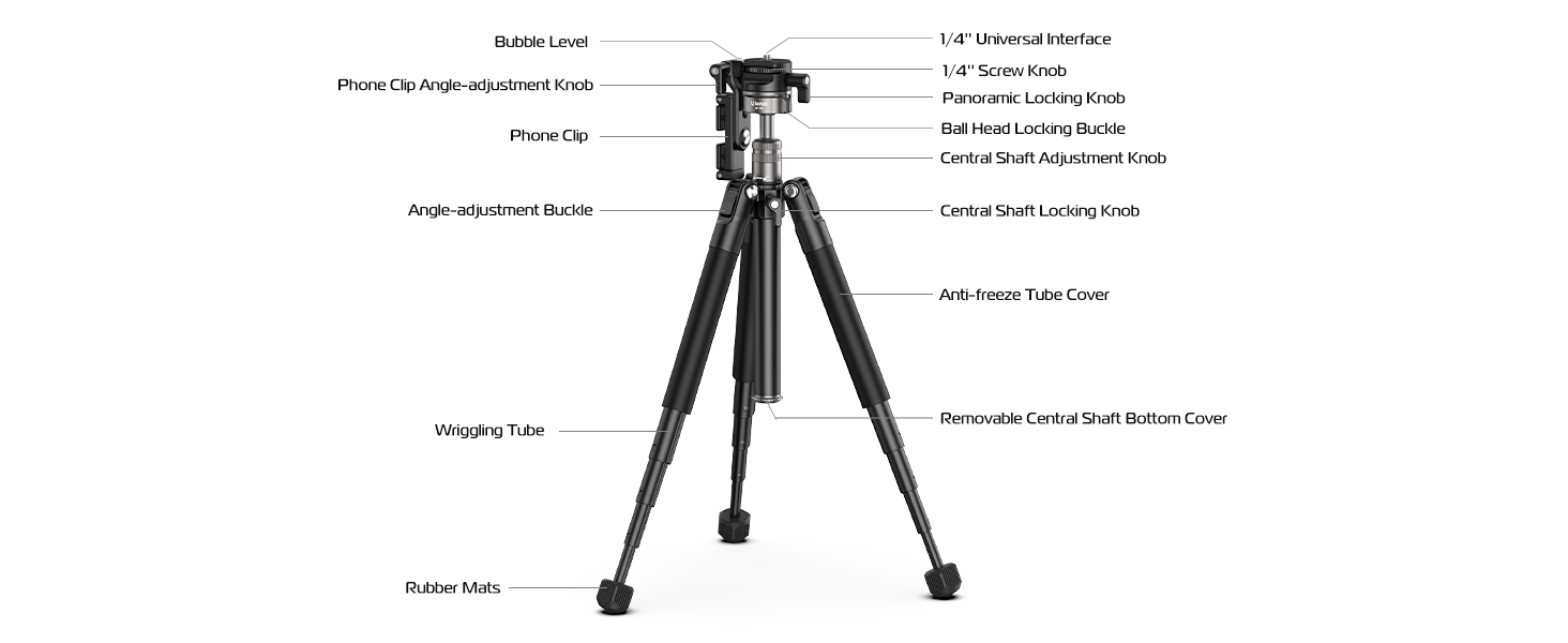 ULANZI MT-63 57" Foldable Tripod, 2-in-1 Clip, 5KG Load, Ball Head