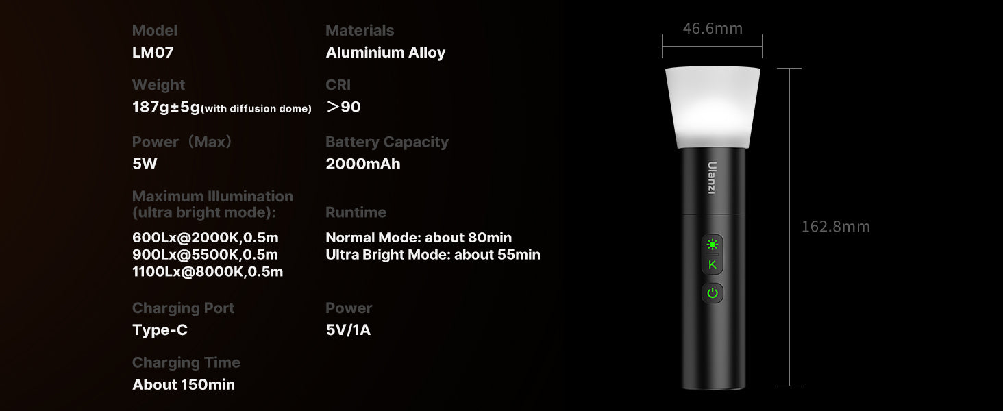 Ulanzi LM07 LED Flashlight 2000K-8000K, Bi-color, 2000mAh, Zoomable