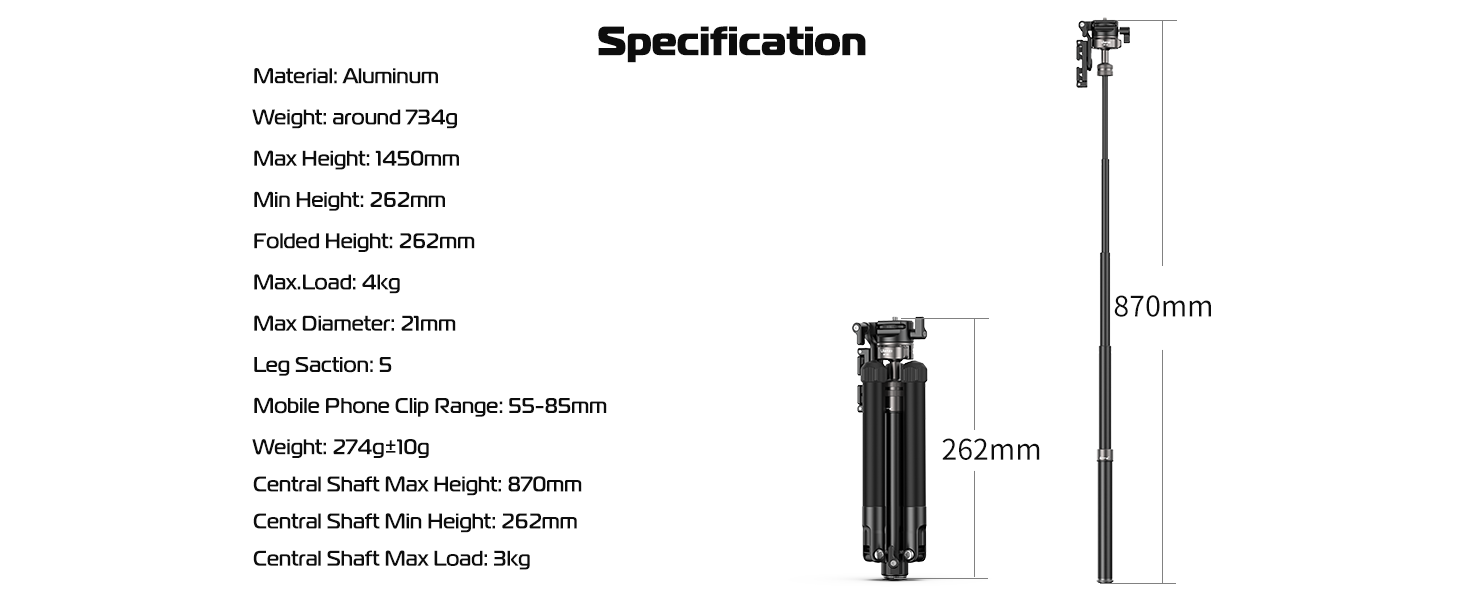 ULANZI MT-63 57" Foldable Tripod, 2-in-1 Clip, 5KG Load, Ball Head