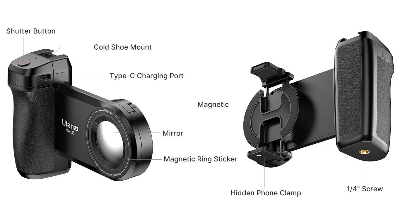 MA35 Selfie Phone Tripod Mount, 2-in-1 Magnetic Clip with Remote Shutter