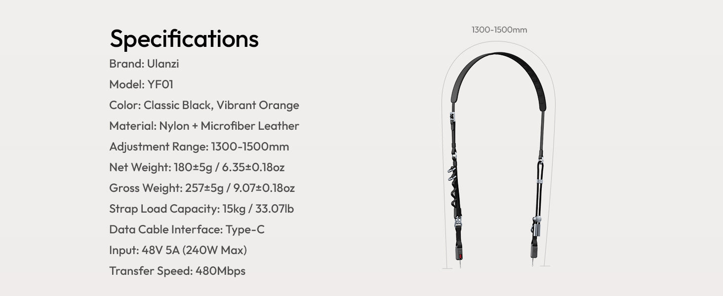 ULANZI YF01 Camera Strap USB-C Cable, 3-in-1 Quick Release, 51-59"