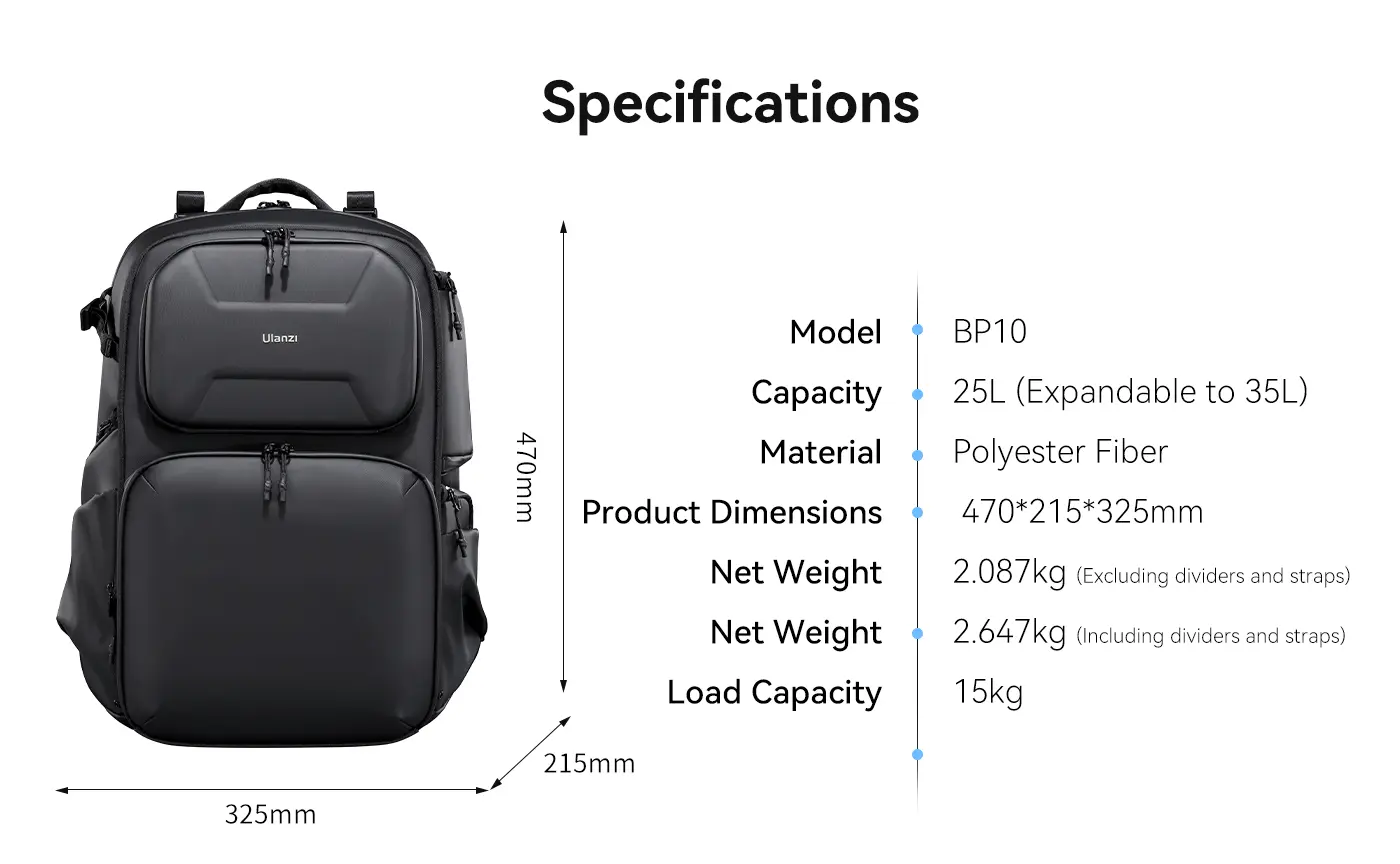 BP10 Hardshell Camera Backpack, Waterproof, 35L, for DSLR, Laptop, Black