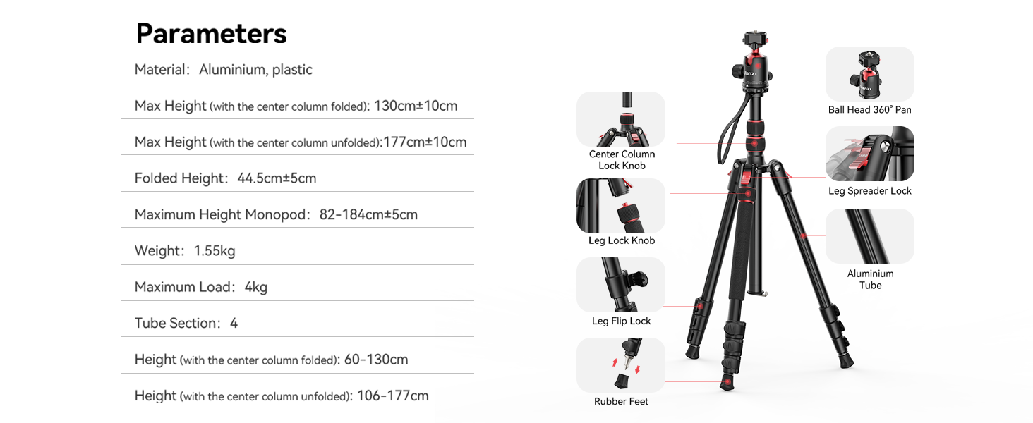 ULANZI TT31 72.4" Tripod/Monopod, 33lb Load, QR Plate, 360Â° Head for DSLR/Video