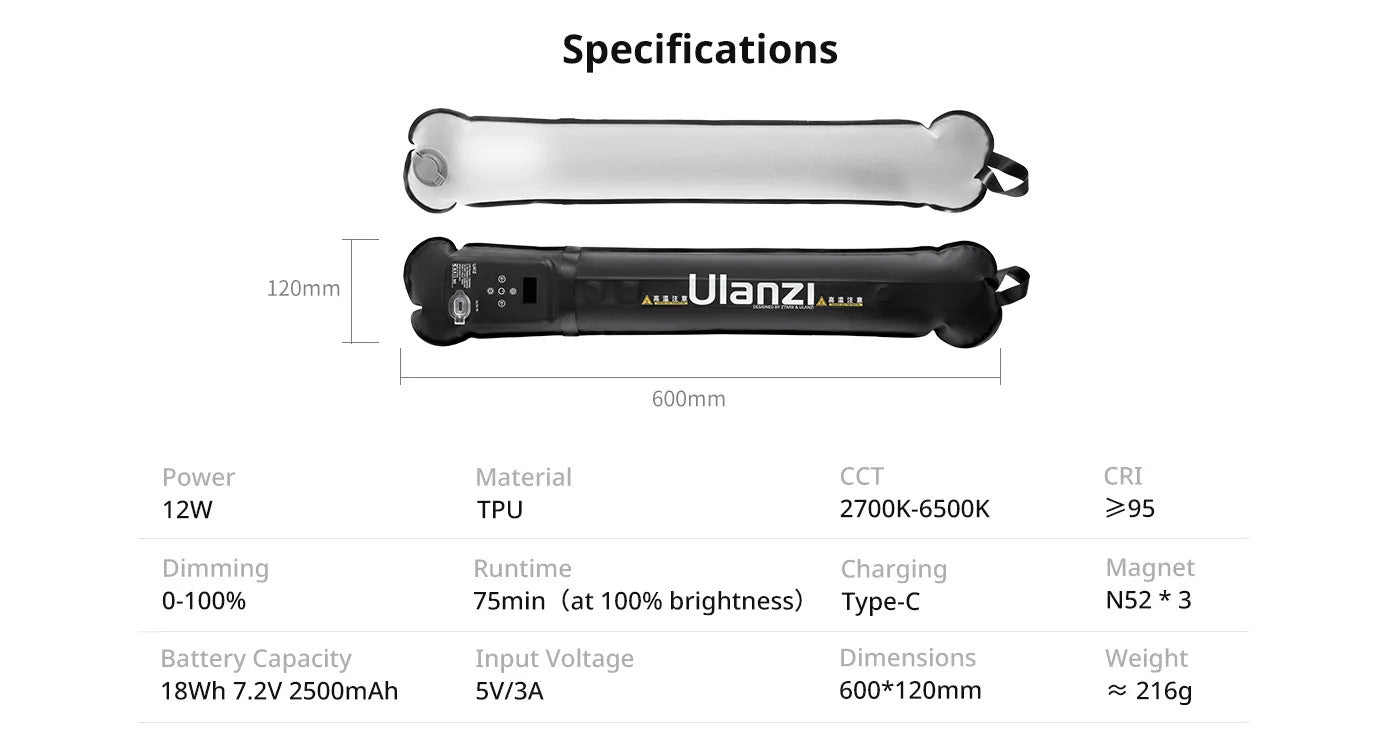 Ulanzi UA12 Bi-Color Inflatable LED Tube Light 2700-6500K 12W 2500mAh