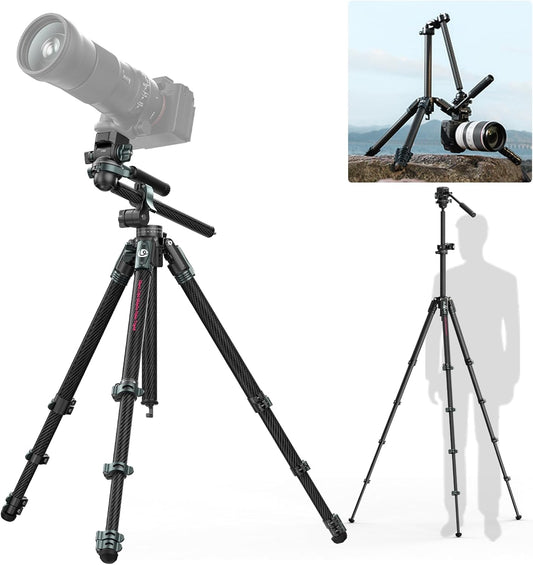 ULANZI JJ06 GlideGo Carbon Fiber Video Tripod, Dual 360Â° Pan Head, 73.6 inch Max Height, 11 lb Load