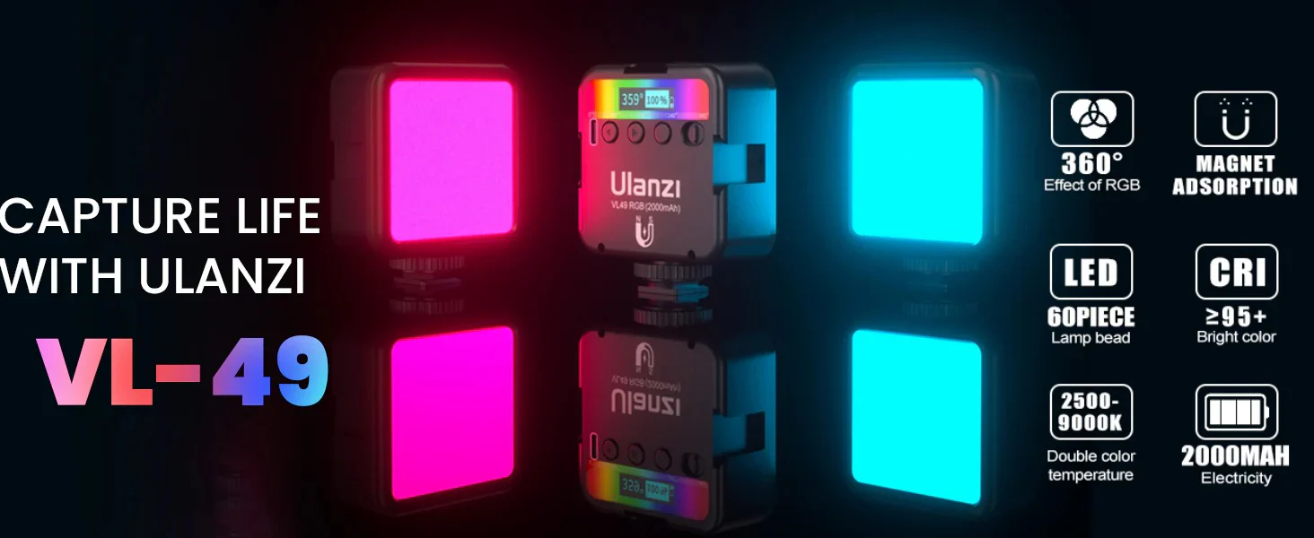 Ulanzi VL49 RGB Video Light, LED, 2000mAh, CRI 95+, 2500-9000K, Dimmable