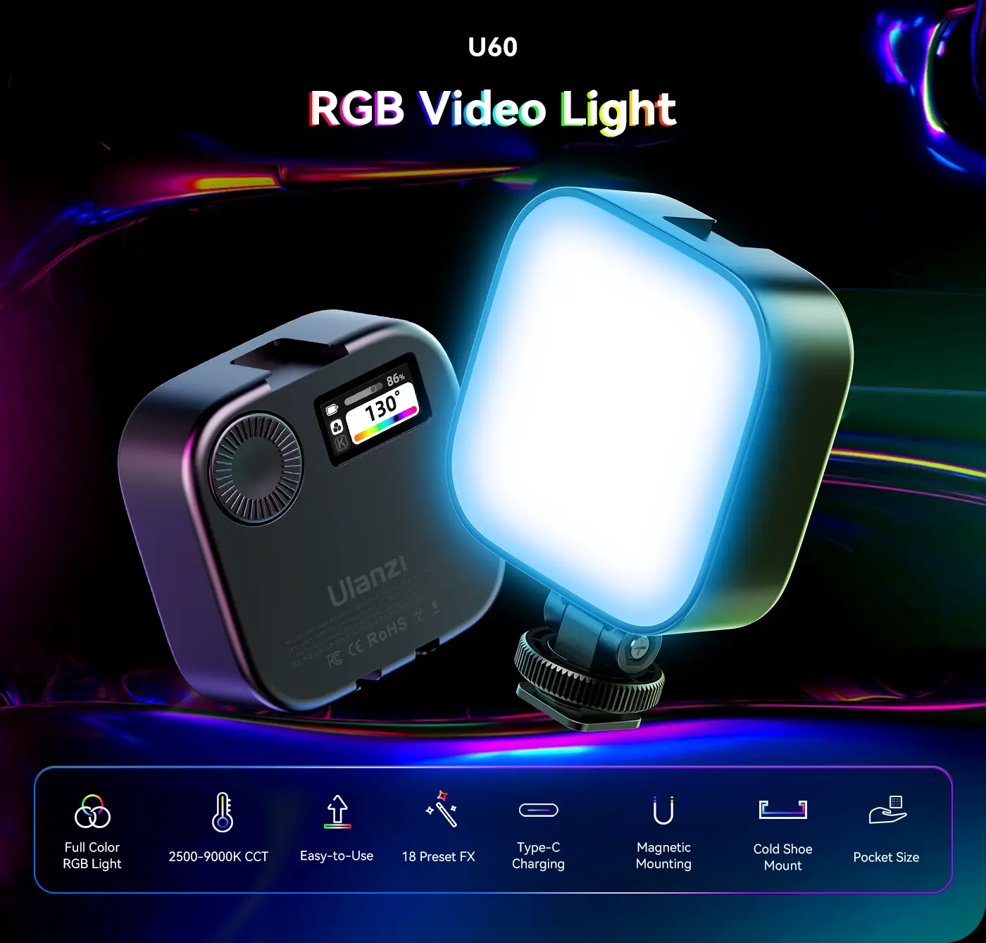 Ulanzi U60 (Black) RGB Video Light, 360Â° Color, CRIâ‰¥95, 2500-9000K, 2500mAh
