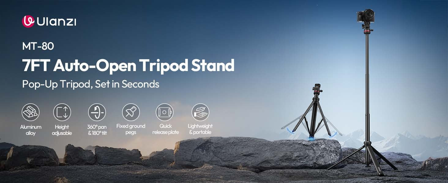 ULANZI MT-80 7FT Aluminum Tripod Stand Auto Pop-Up 360 Ball Head DSLR