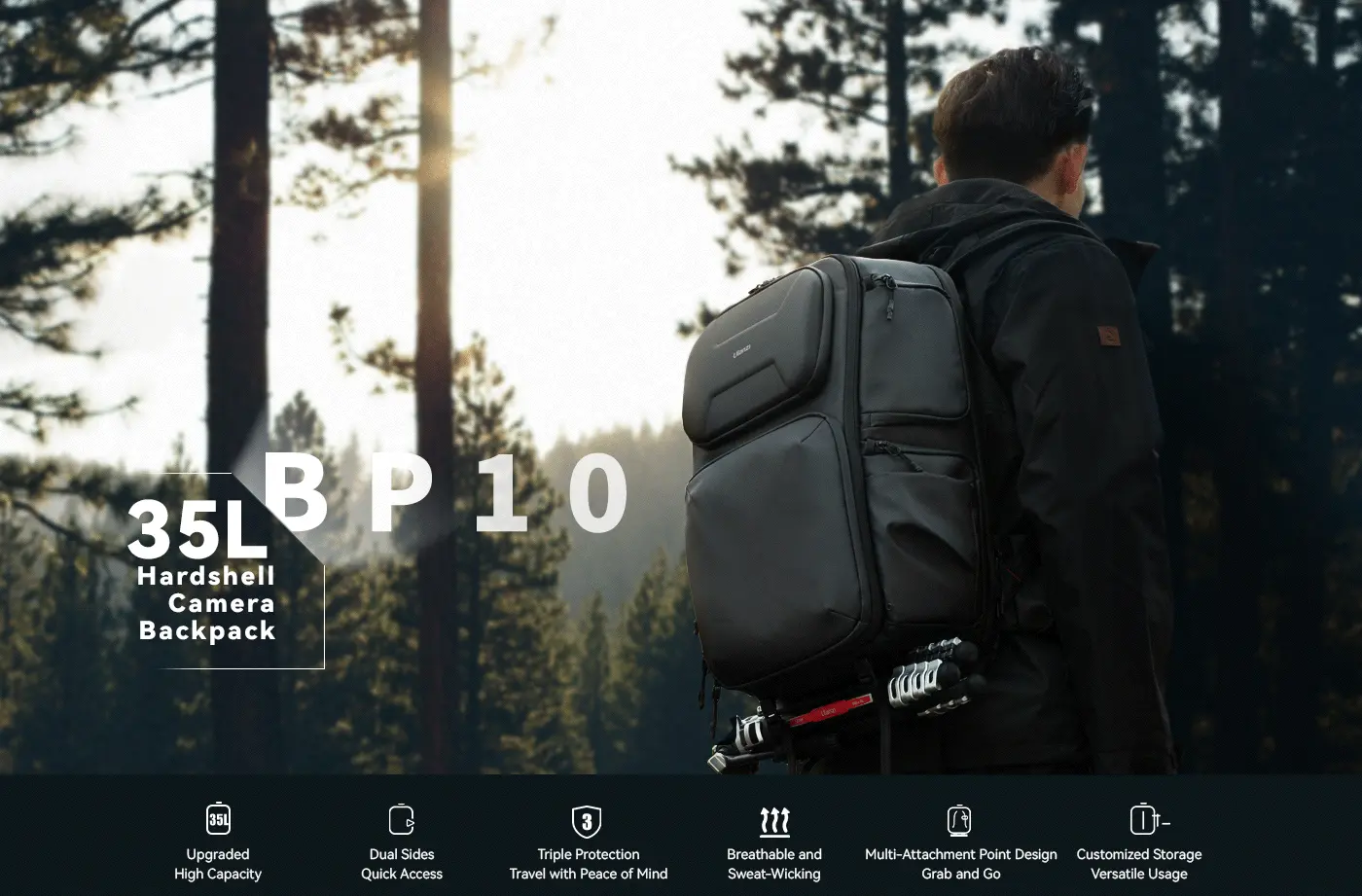 BP10 Hardshell Camera Backpack, Waterproof, 35L, for DSLR, Laptop, Black