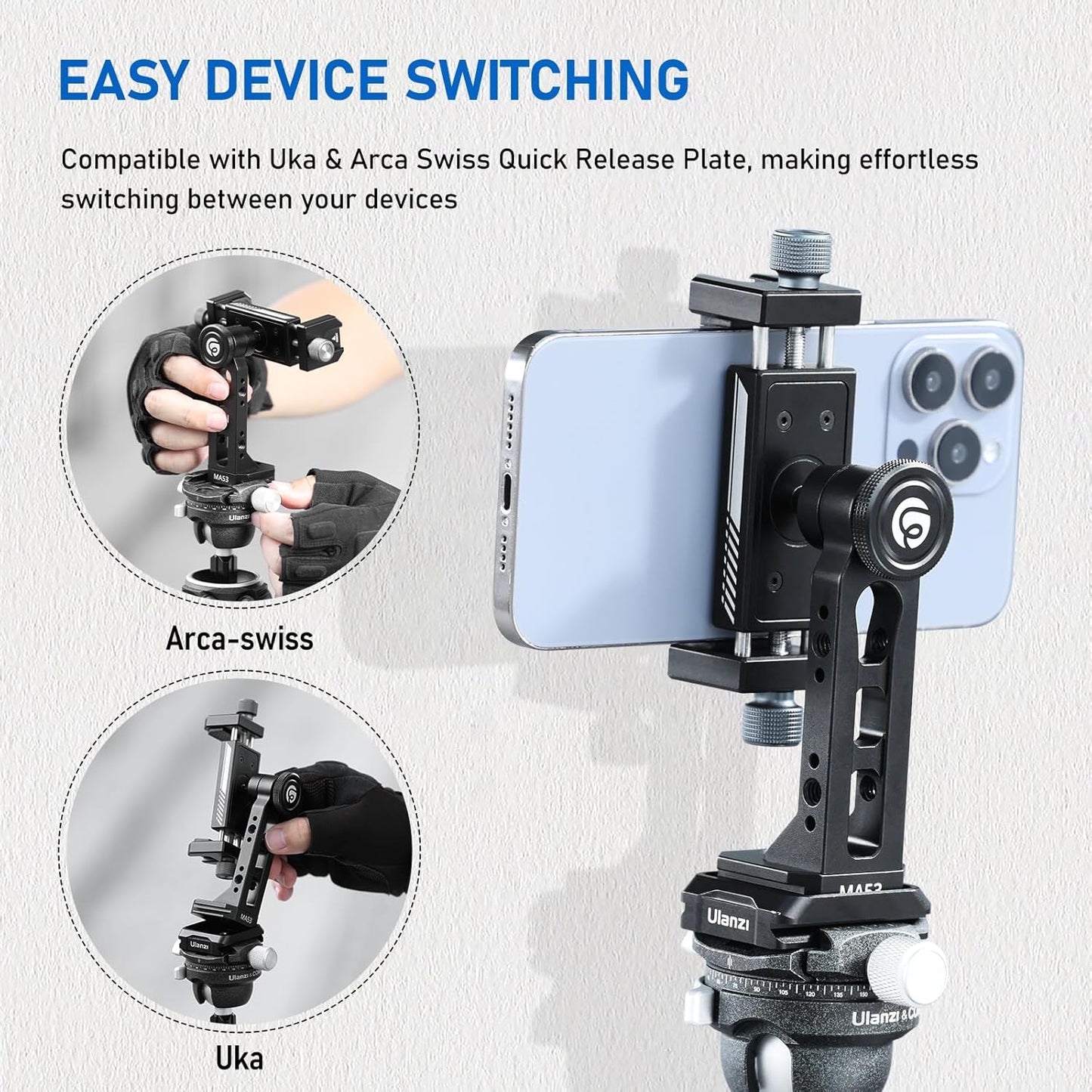 Ulanzi MA53 Phone Tripod Adapter, Arca/UKA, 2 Cold Shoe, 360Â° Metal Mount