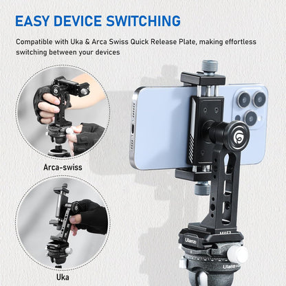 Ulanzi MA53 Phone Tripod Adapter, Arca/UKA, 2 Cold Shoe, 360Â° Metal Mount