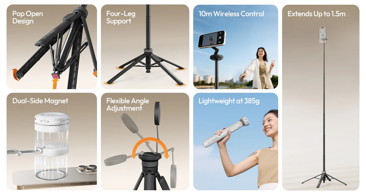 ULANZI MT85 Automatic Phone Tripod, 60″ Auto-Open 4-Leg Stand for iPhone 12–17, Black/White