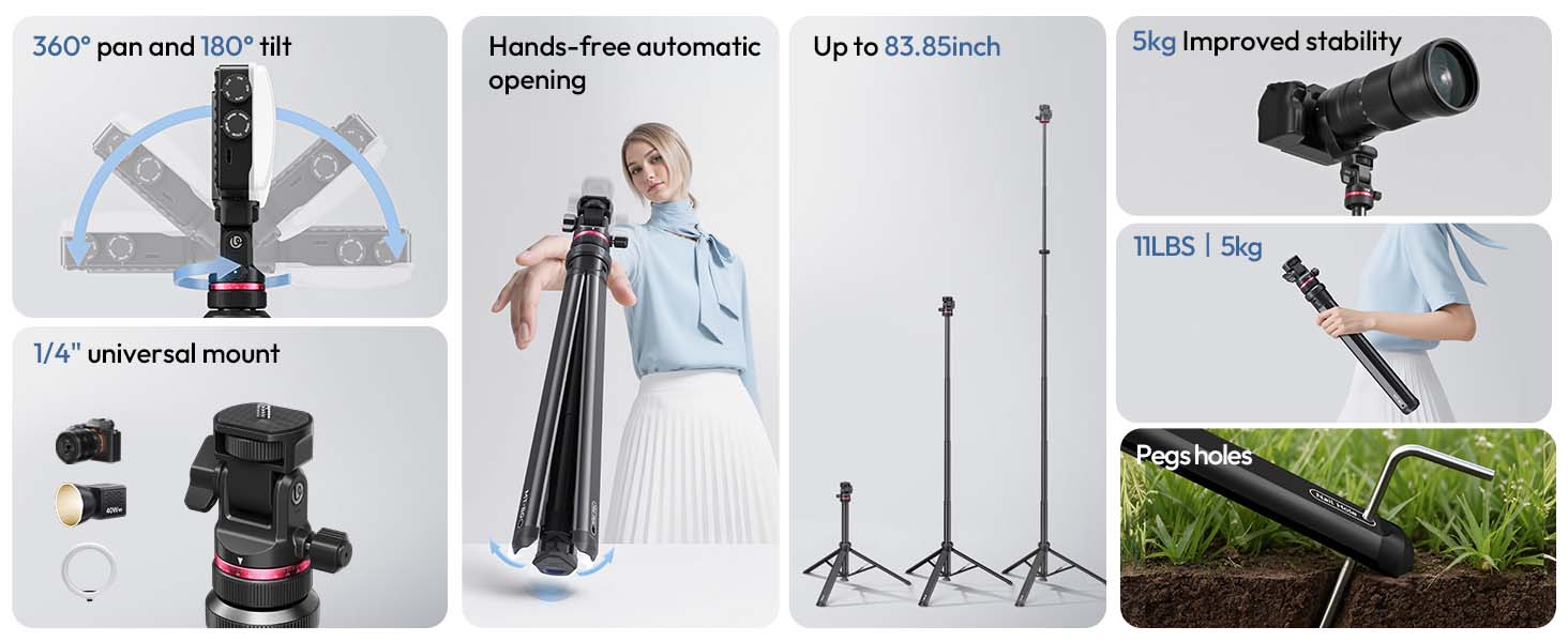 ULANZI MT-80 7FT Aluminum Tripod Stand Auto Pop-Up 360 Ball Head DSLR
