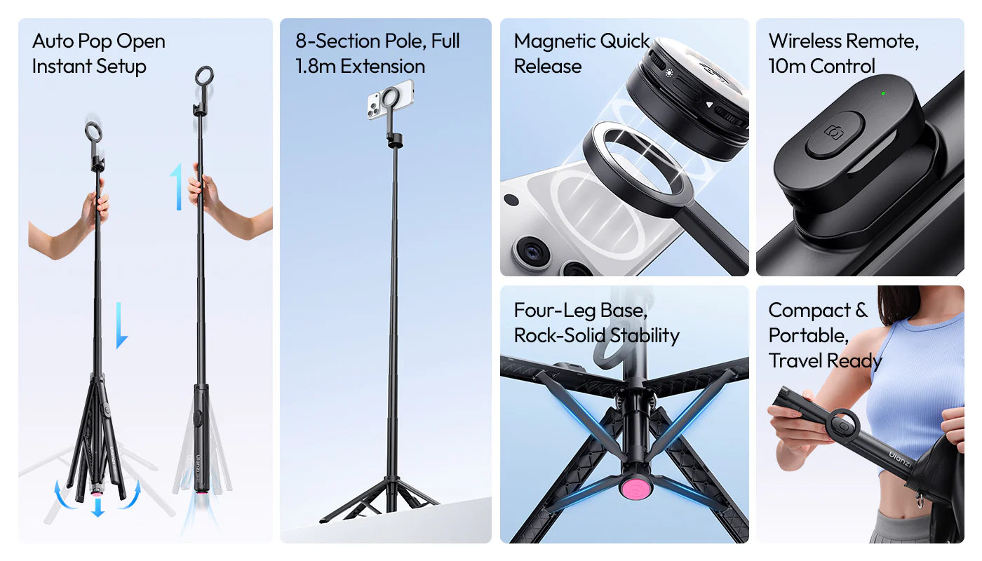 ULANZI SK-21,  71'' Magnetic Selfie Stick Tripod w Remote, Auto Open