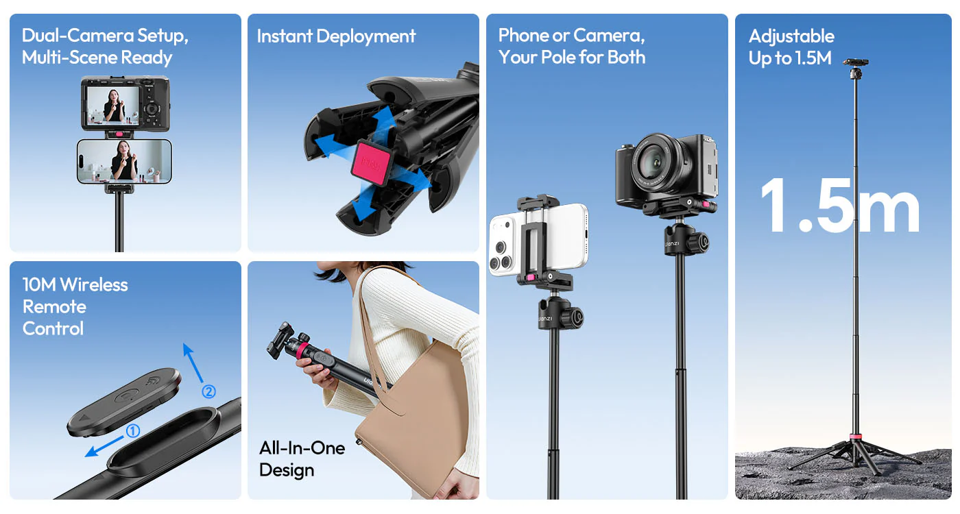ULANZI MT44B Auto Pop Tripod 59" w Remote, Dual Mount, 360¬∞ Head