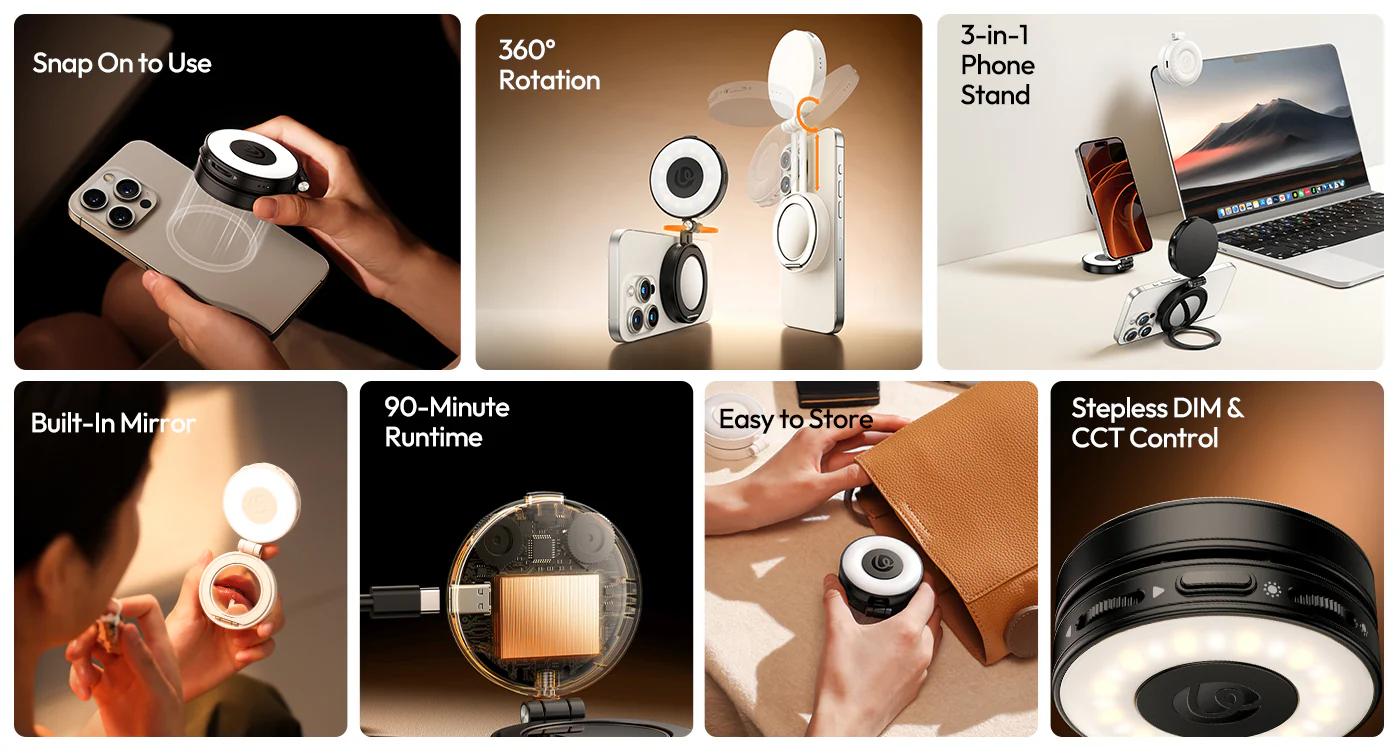 ULANZI LM23 Magnetic 360Â° Selfie Ring Light w/Mirror for iPhone MagSafe Black
