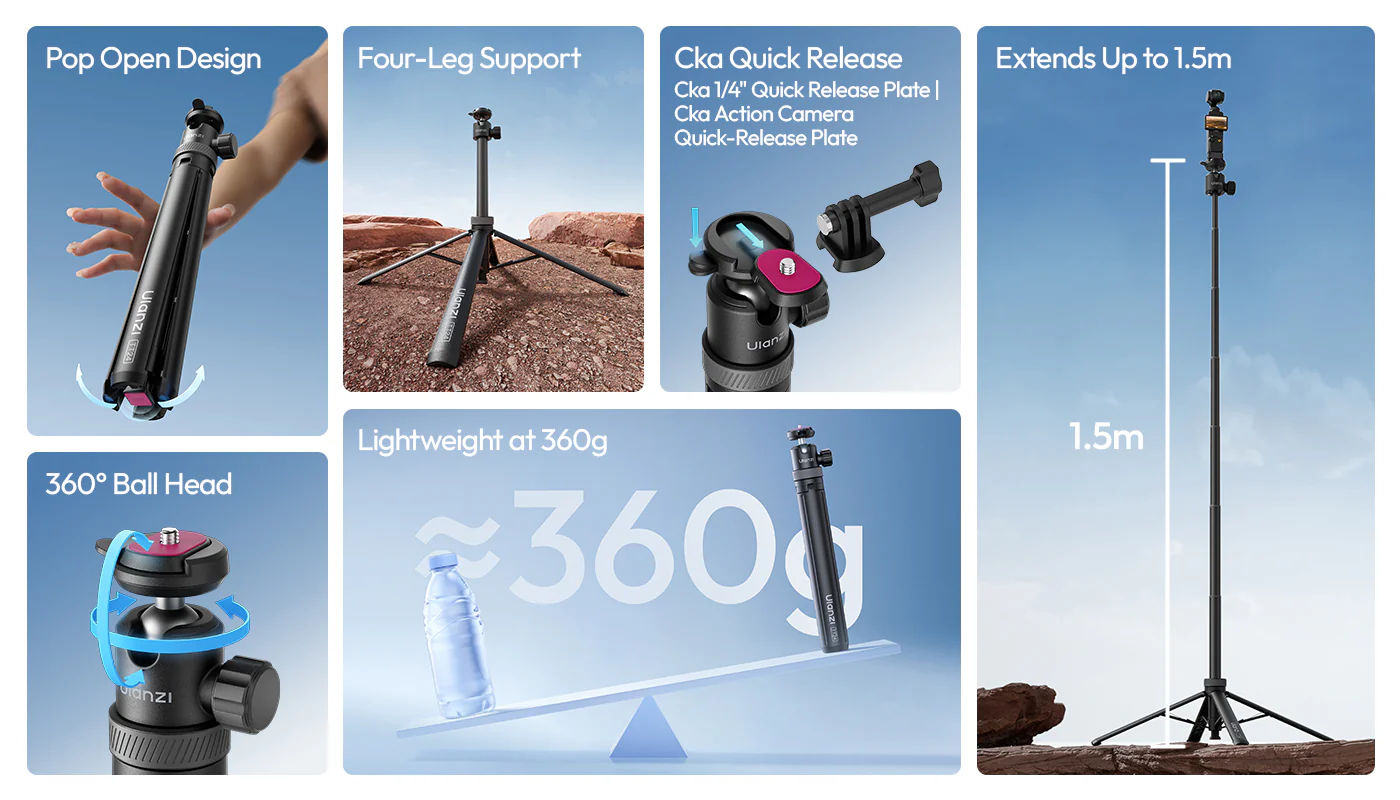 Ulanzi TT24 Tripod, CKA Quick for DJI Pocket 3/Osmo Action/GoPro/Insta360