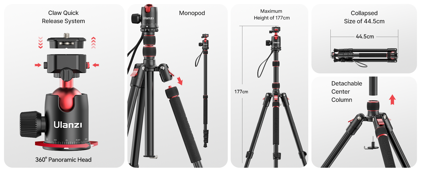 ULANZI TT31 72.4" Tripod/Monopod, 33lb Load, QR Plate, 360Â° Head for DSLR/Video