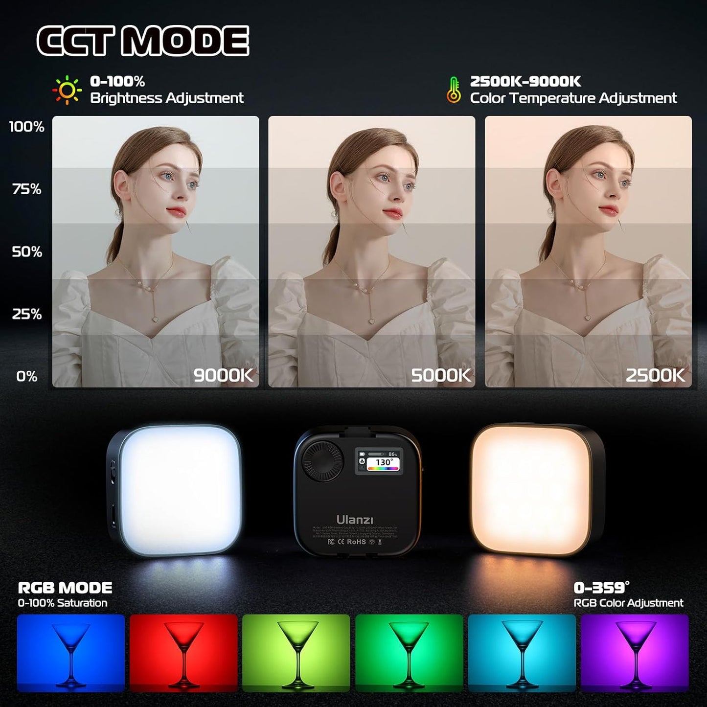 Ulanzi U60 (Black) RGB Video Light, 360Â° Color, CRIâ‰¥95, 2500-9000K, 2500mAh