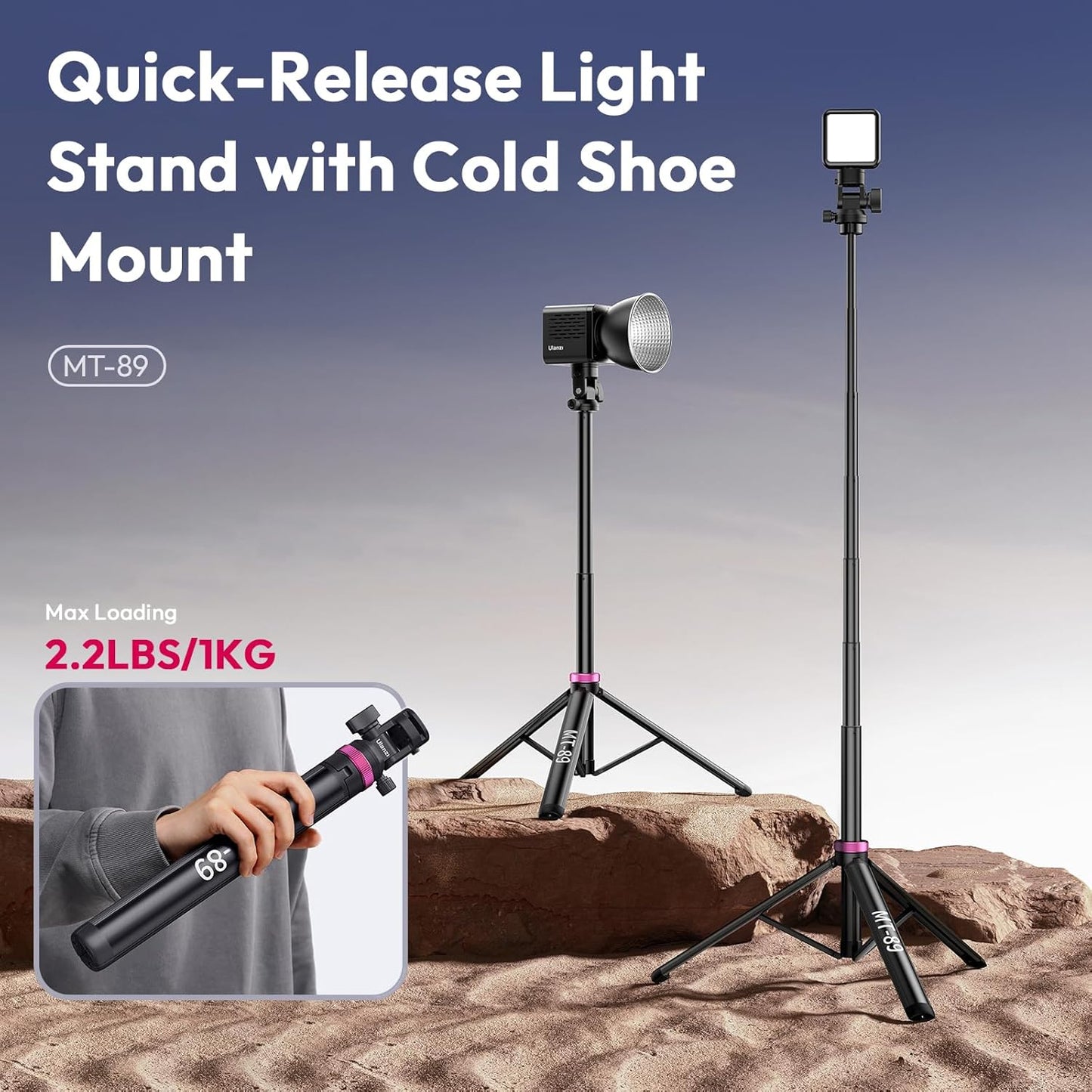 ULANZI MT-89 82in Aluminum Extendable Tripod, 1/4in QR, 2.2lb Load