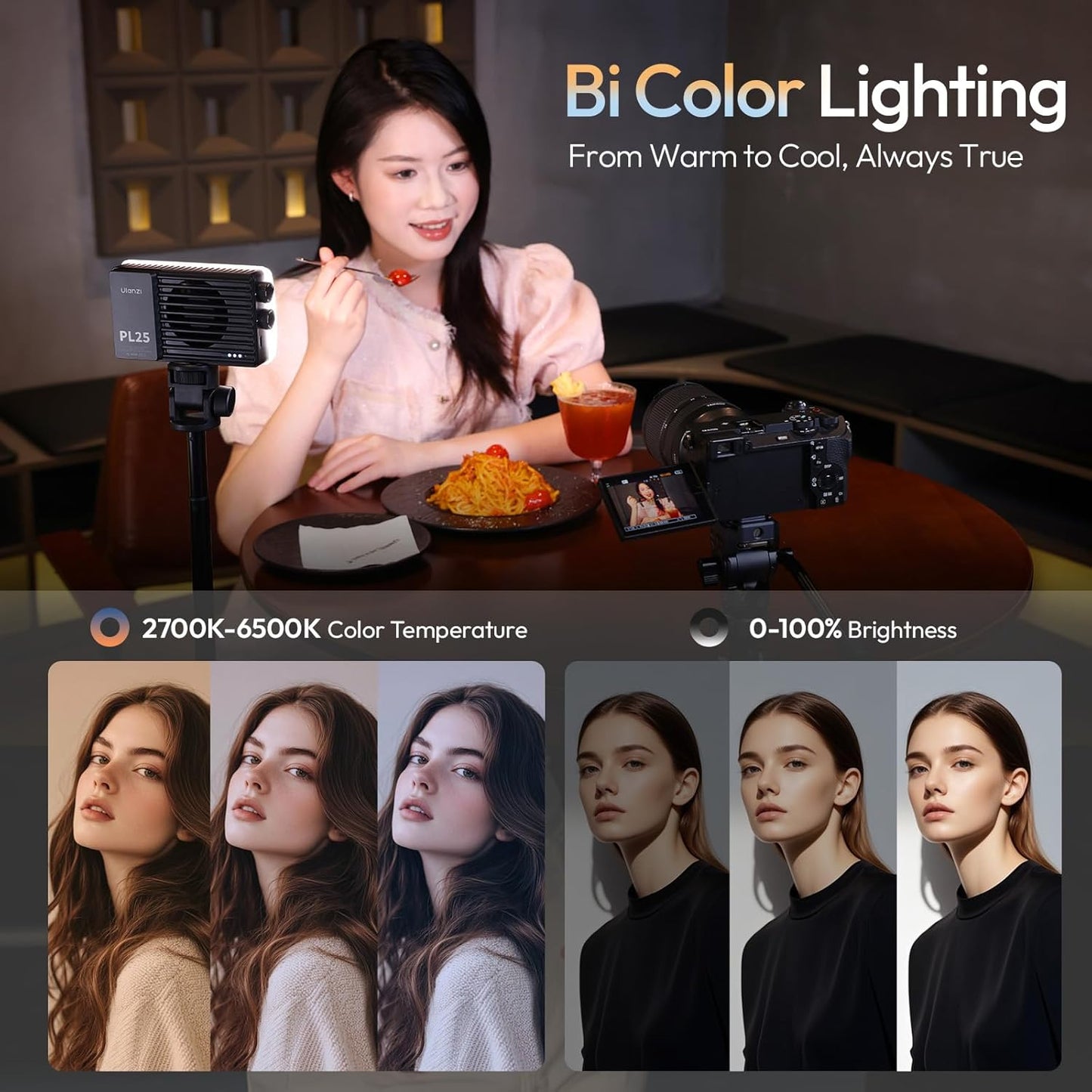 ULANZI PL25 25W LED Video Light, Mini Bi-Color Panel 3200Lux CRIâ‰¥96 2700K-6500K
