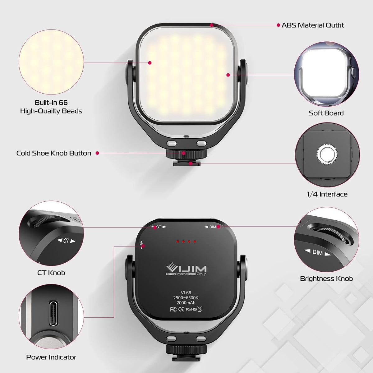 ULANZI VL66 Bi-Color LED Video Light 2500-6500K 2000mAh CRI95+ Dimmable DSLR/Action