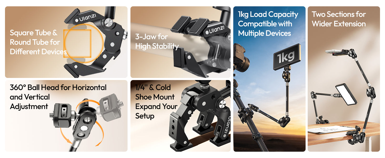 ULANZI CO78 22" Magic Arm with Super Clamp Desk C Clamp, 1kg Load Arm-C078 Kit