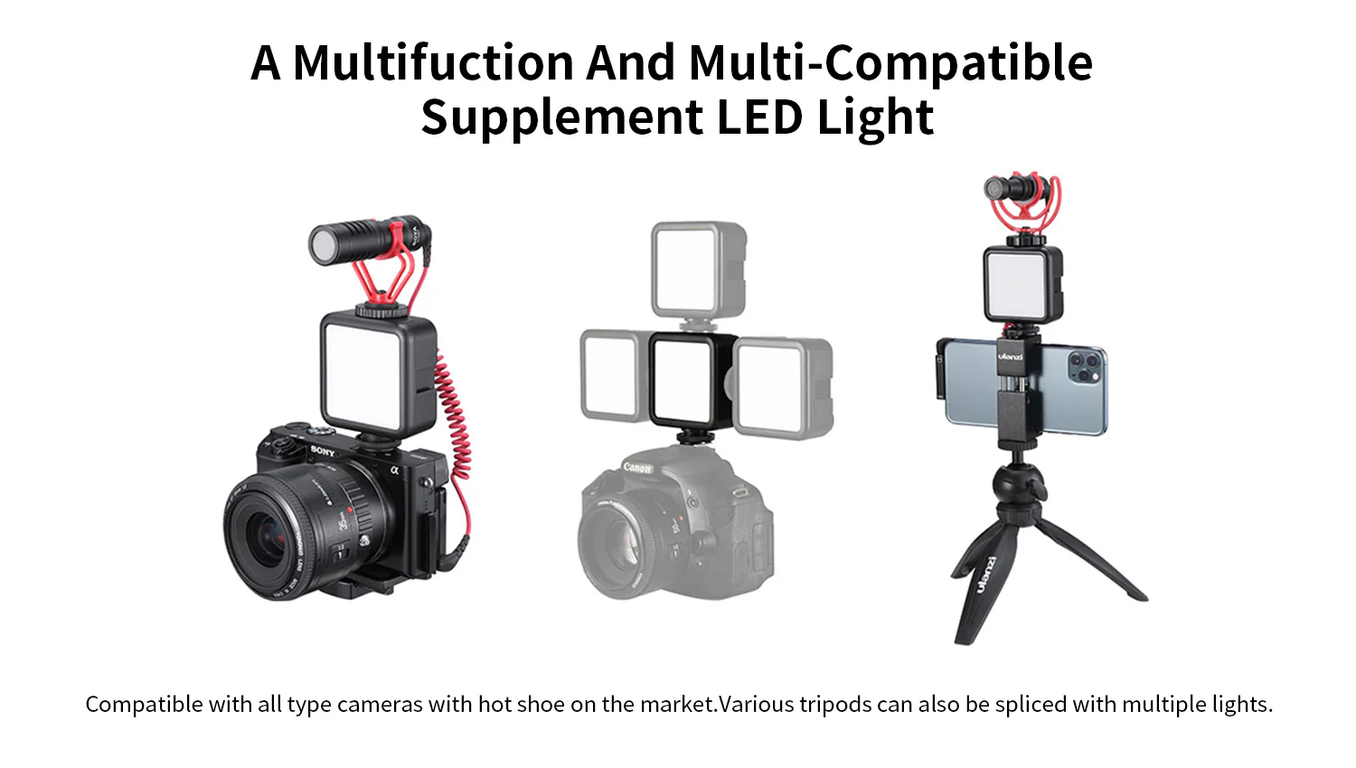 Ulanzi 2000mAh LED Video Light, 3 Cold Shoe Mounts, Type C Charging