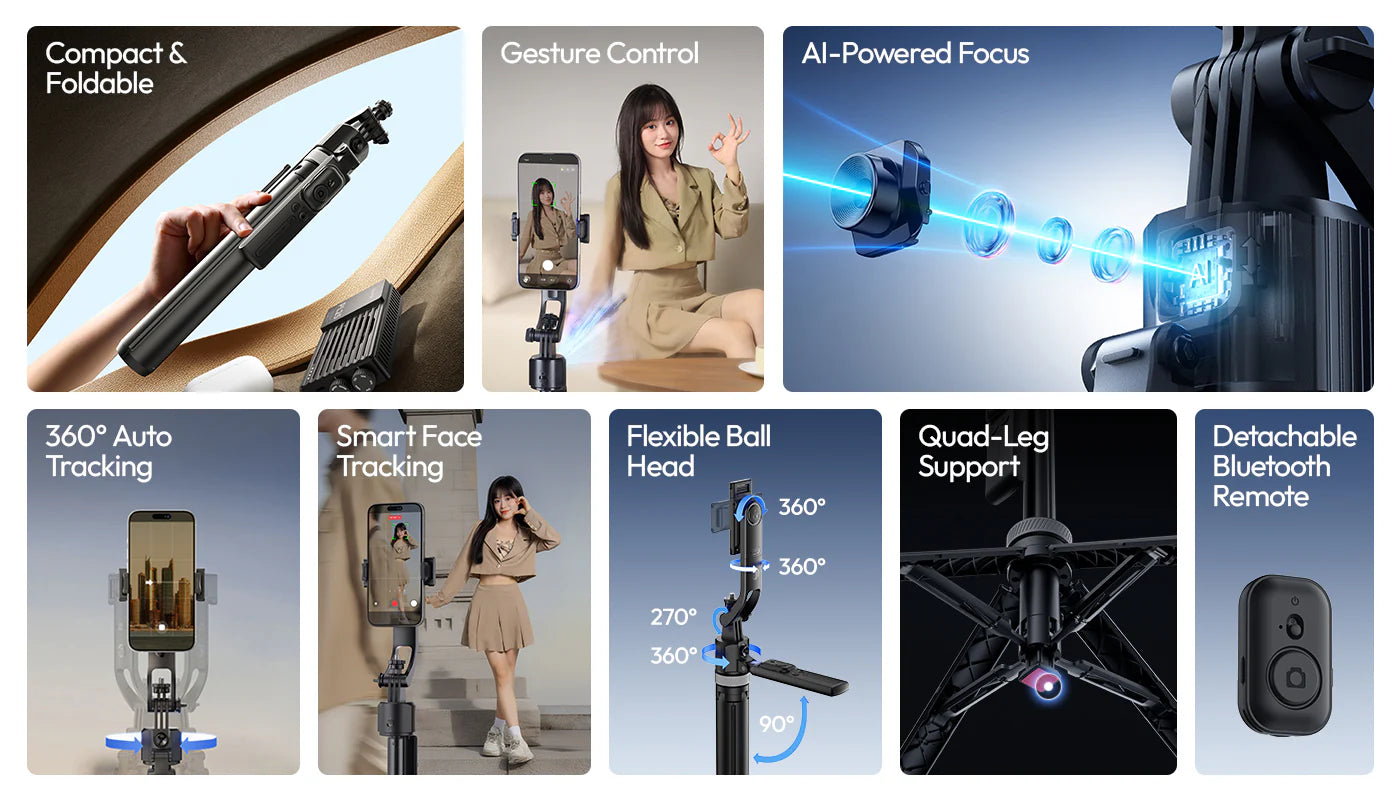 ULANZI TT23 64" Auto Face Tracking Tripod, 360Â° Selfie Stick w/ Remote for iPhone/Android