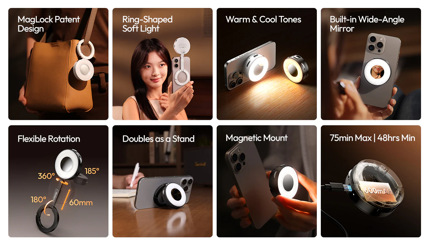 ULANZI ML05 Maglock Magnetic iPhone Ring Light Mirror 9000K CRI≥97 FullAngle LED, White/Black