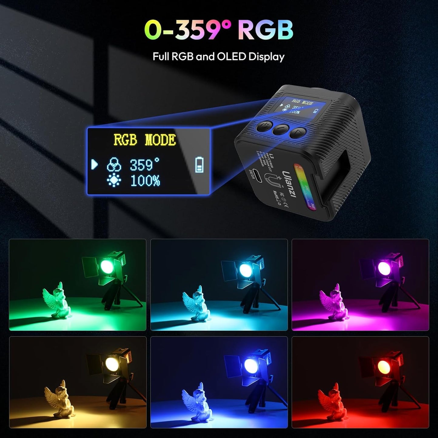 ULANZI L3 RGB LED Video Light 2700K-7000K Mini COB Magnetic w/Barndoor Fresnel