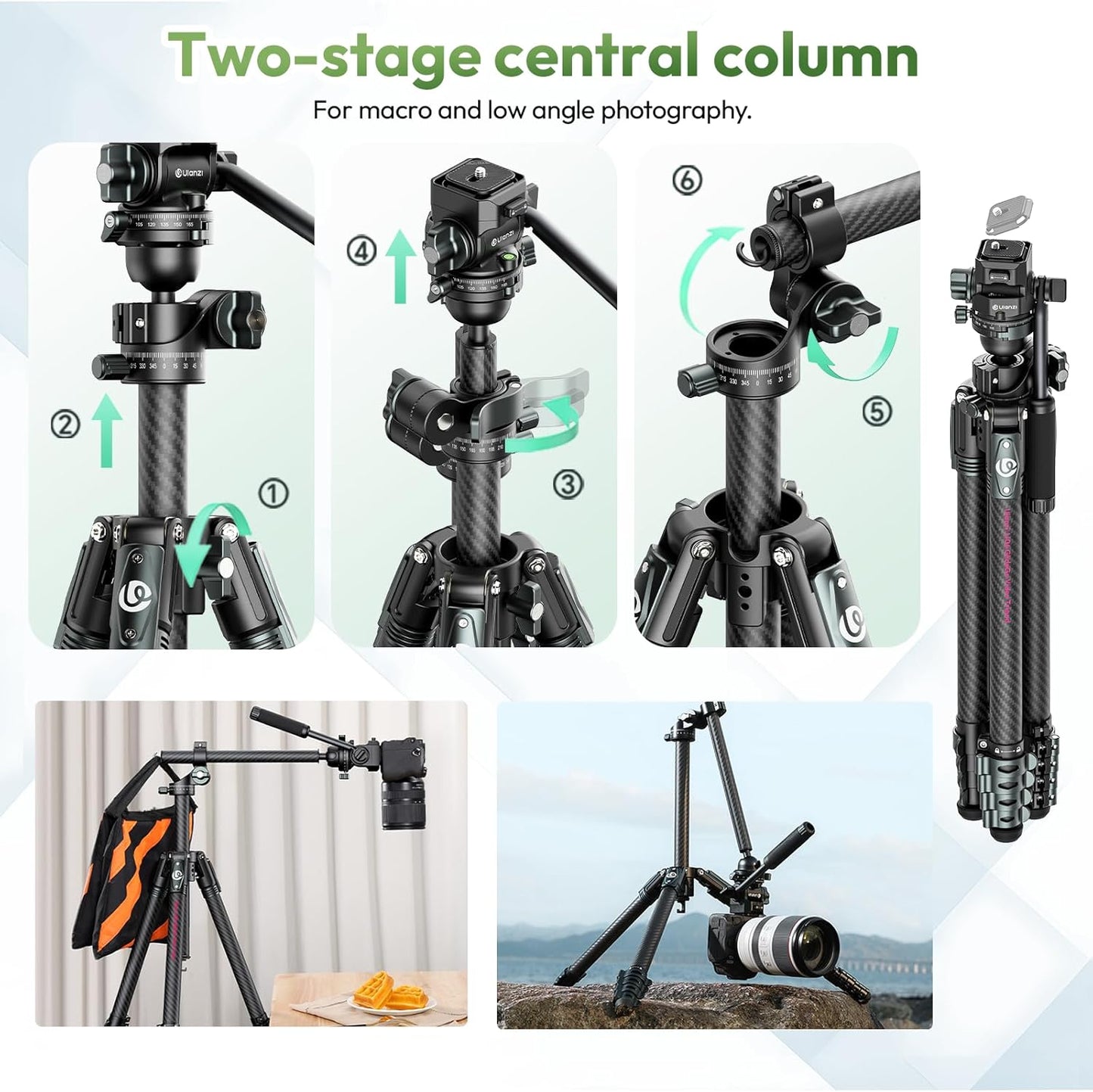 ULANZI JJ06 GlideGo Carbon Fiber Video Tripod, Dual 360Â° Pan Head, 73.6 inch Max Height, 11 lb Load