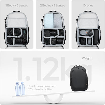 ULANZI YY038 Travel Camera Backpack 22L for Mirrorless DSLR, 16-inch Laptop Compartment, Anti-Theft Water-Resistant Photography Bag with Tripod Holder, Compatible with Sony Canon Nikon Fujifilm(Black)