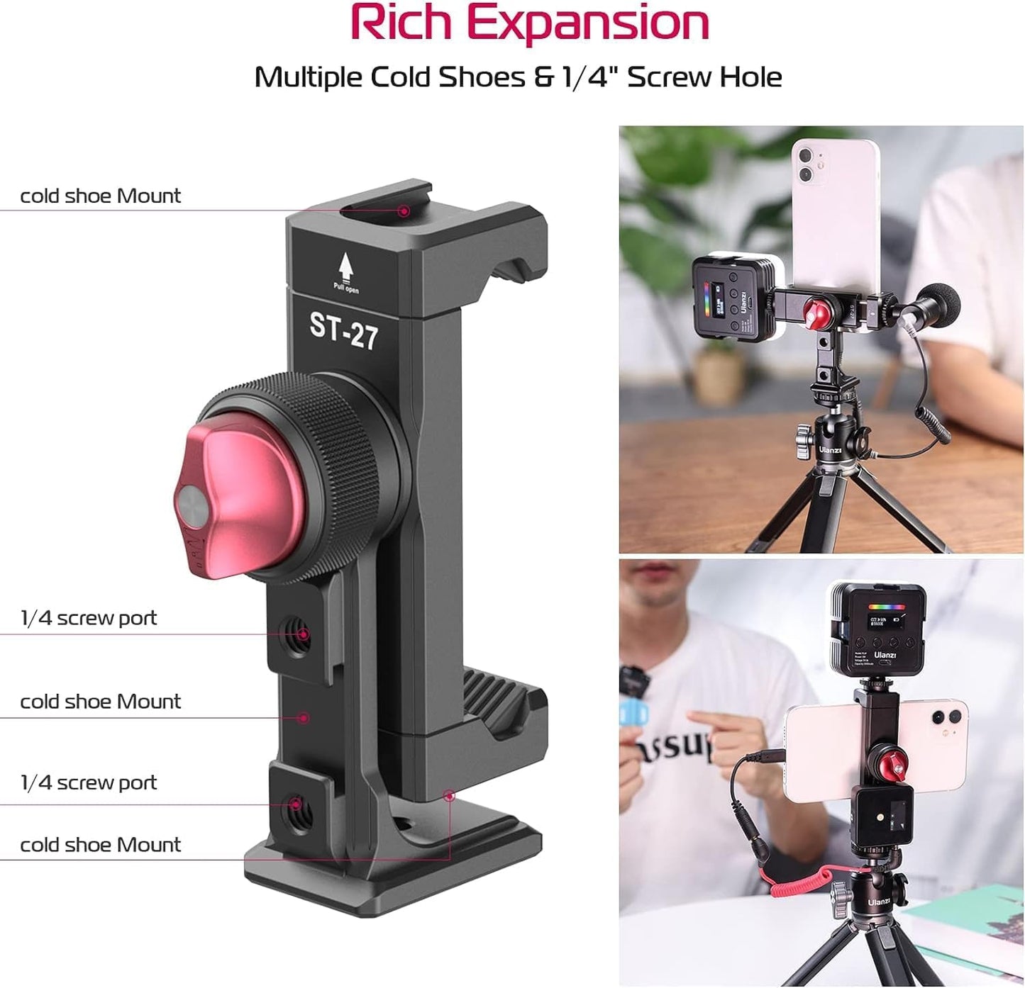 ULANZI ST-27 Phone Tripod Mount, 360Â° Metal Holder, 3 Cold Shoes, Arca, iPhone 17/16