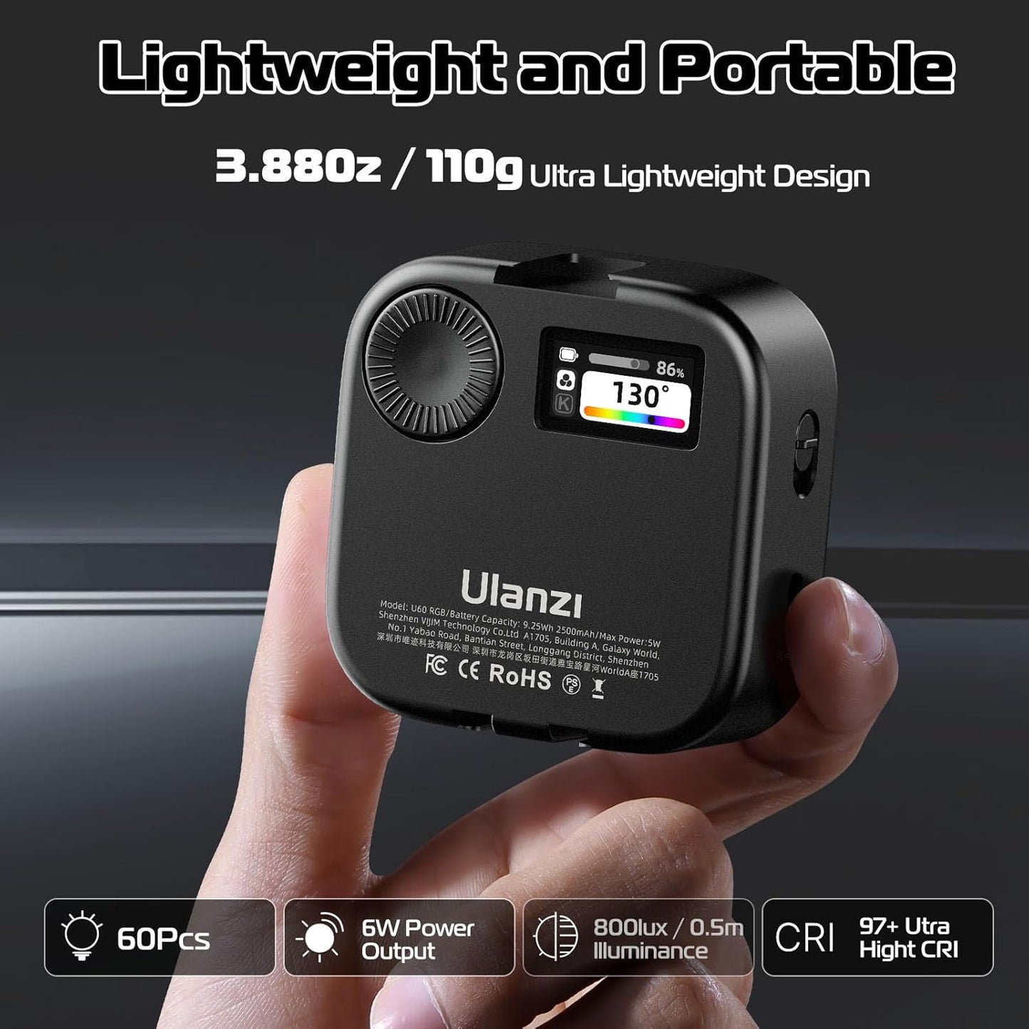 Ulanzi U60 (Black) RGB Video Light, 360Â° Color, CRIâ‰¥95, 2500-9000K, 2500mAh