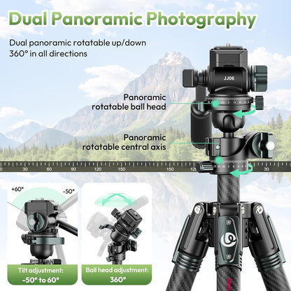 ULANZI JJ06 GlideGo Carbon Fiber Video Tripod, Dual 360Â° Pan Head, 73.6 inch Max Height, 11 lb Load