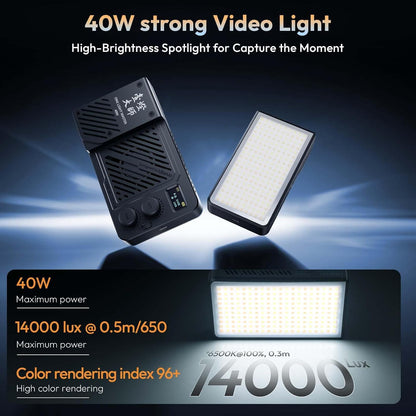 ULANZI P40 RGB LED Video Light 40W, 5000mAh, CRI96+, 2700K-6500K, PD Quick Charge, Fan, Magnetic Diffuser, 1/4" Thread