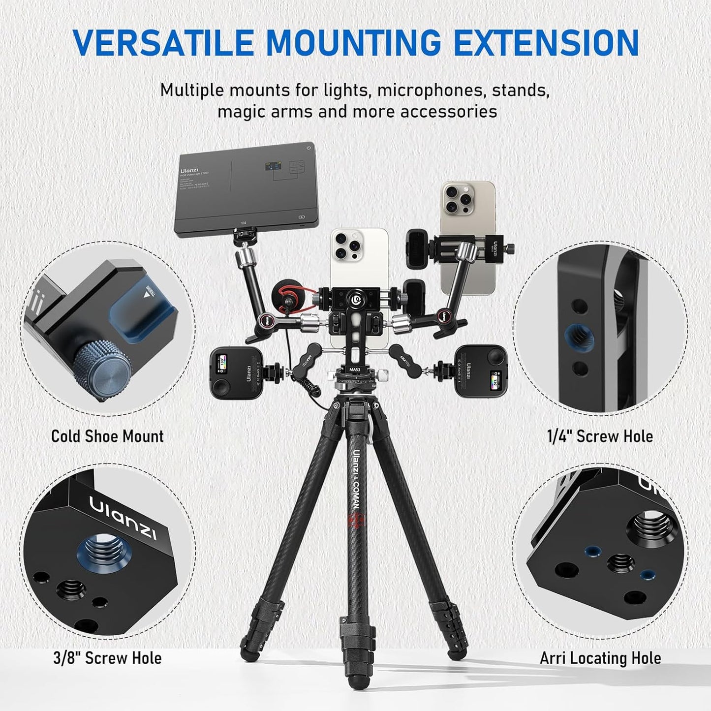 Ulanzi MA53 Phone Tripod Adapter, Arca/UKA, 2 Cold Shoe, 360Â° Metal Mount