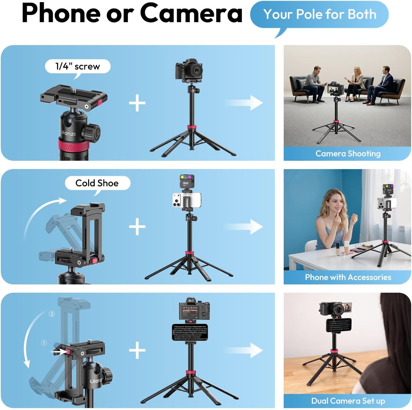 ULANZI MT44B Auto Pop Tripod 59" w Remote, Dual Mount, 360¬∞ Head