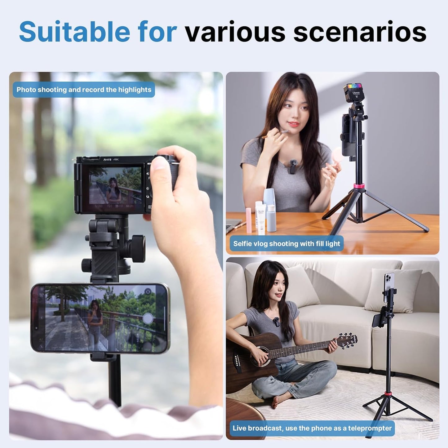 ULANZI MT-78 72.83" Extendable Phone Tripod, Metal Selfie Stick Stand with 360Â° Head
