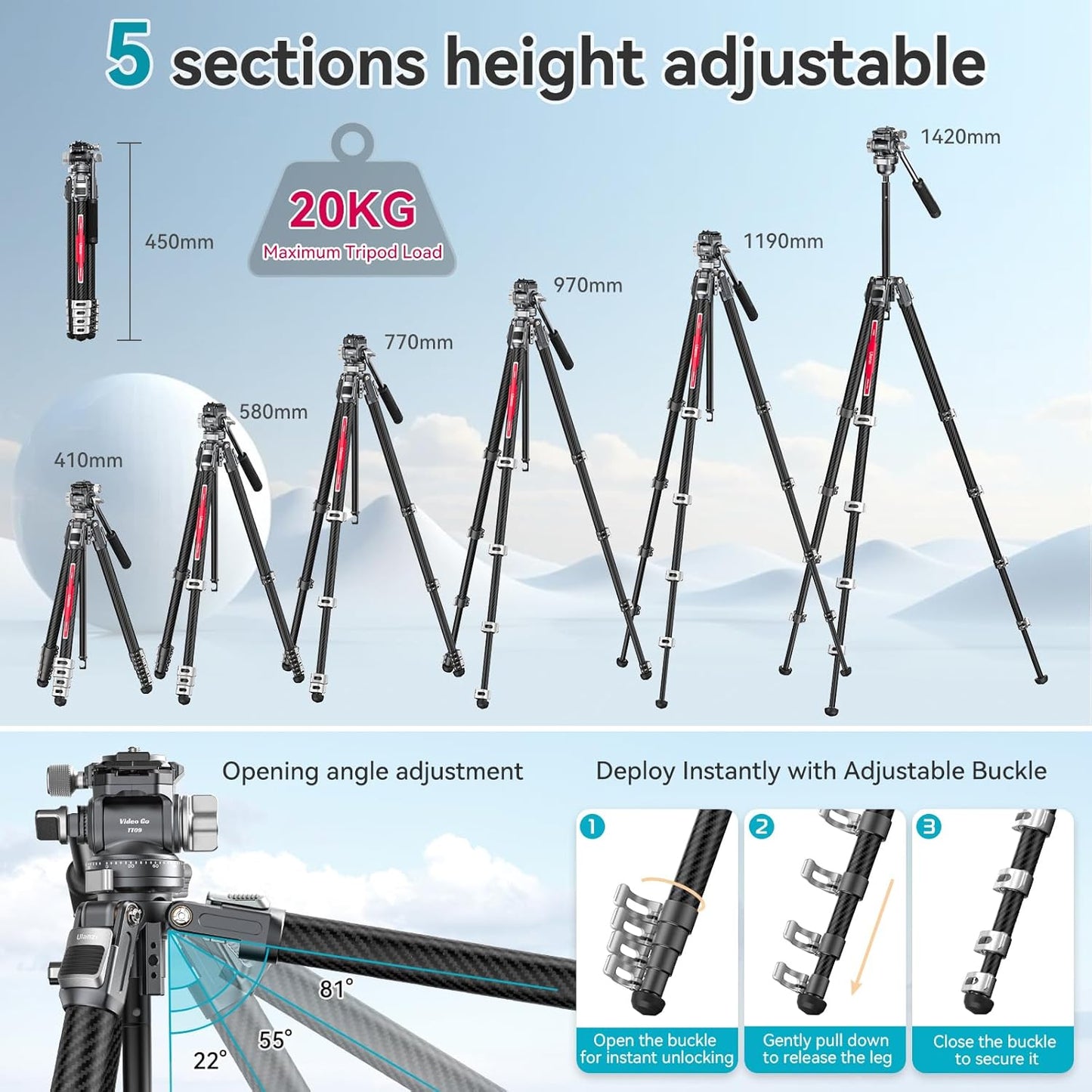 Ulanzi TT09 VideoGo 55.91" Carbon Fiber Tripod w/ Arca QR, 360Â° Ballhead & Handle