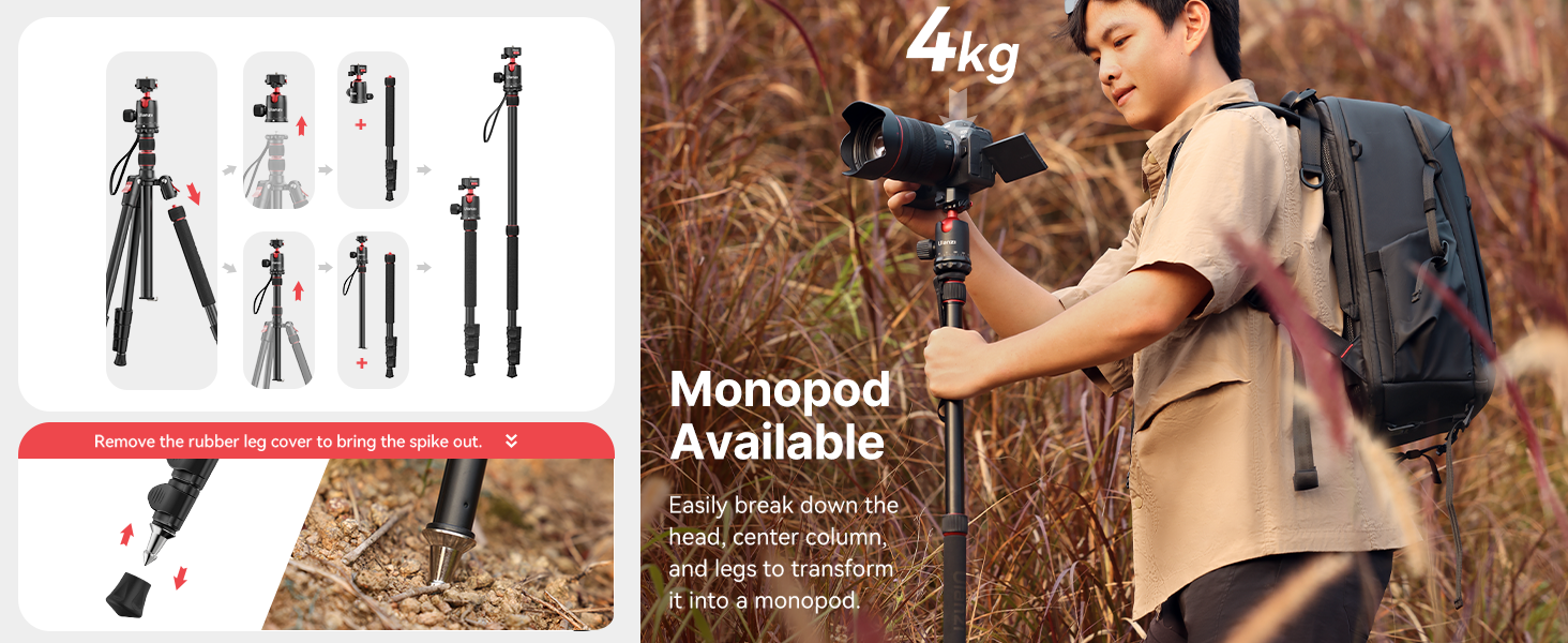 ULANZI TT31 72.4" Tripod/Monopod, 33lb Load, QR Plate, 360Â° Head for DSLR/Video