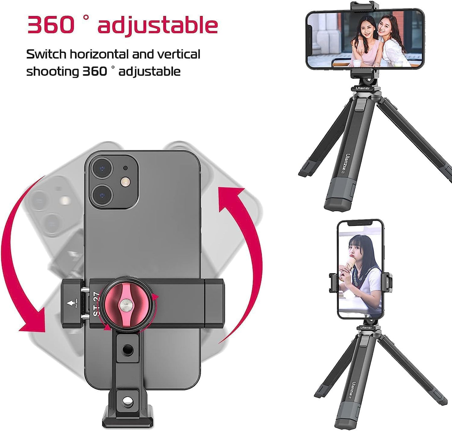 ULANZI ST-27 Phone Tripod Mount, 360Â° Metal Holder, 3 Cold Shoes, Arca, iPhone 17/16