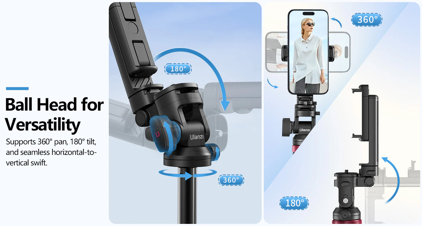 ULANZI MT-78 72.83" Extendable Phone Tripod, Metal Selfie Stick Stand with 360Â° Head