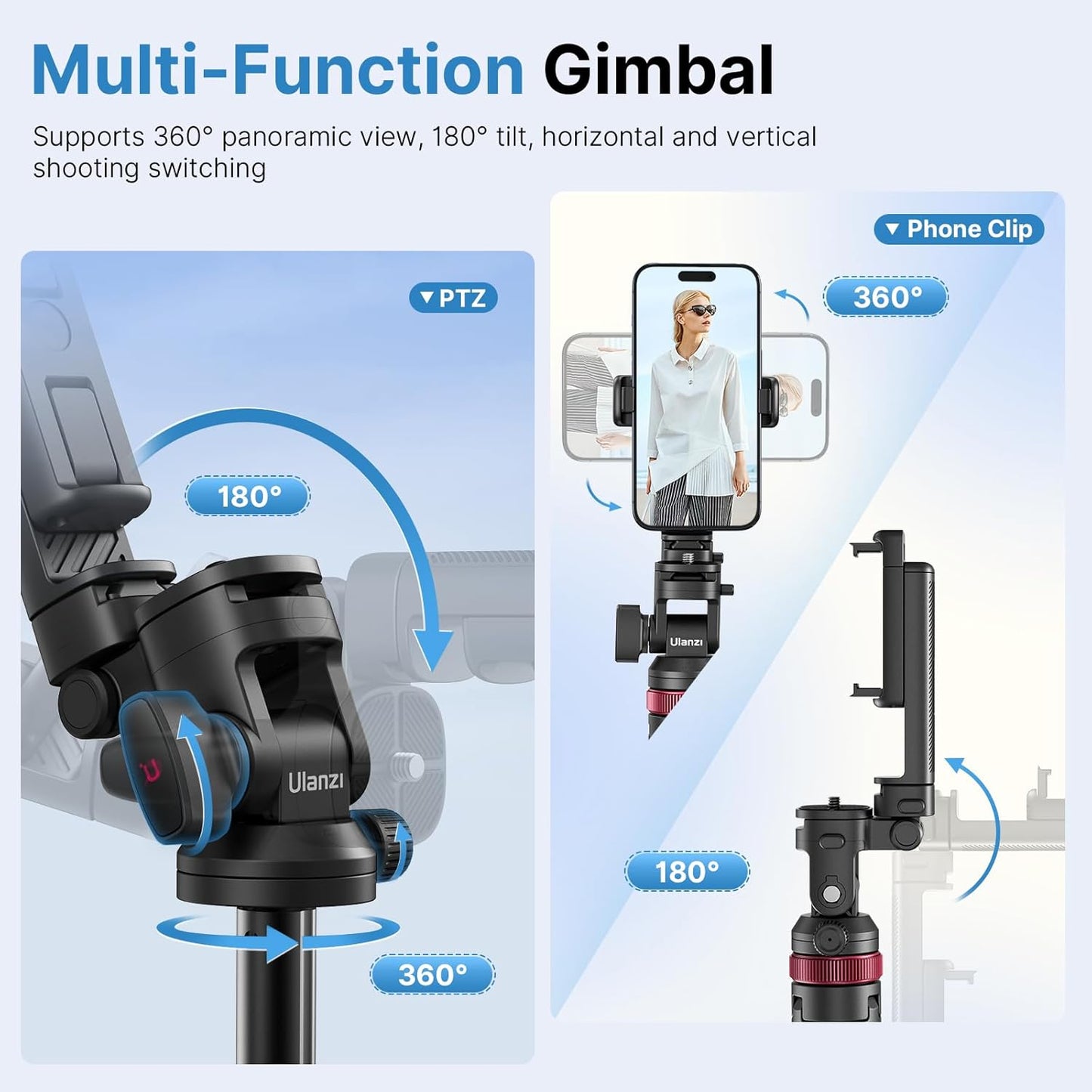 ULANZI MT-78 72.83" Extendable Phone Tripod, Metal Selfie Stick Stand with 360Â° Head