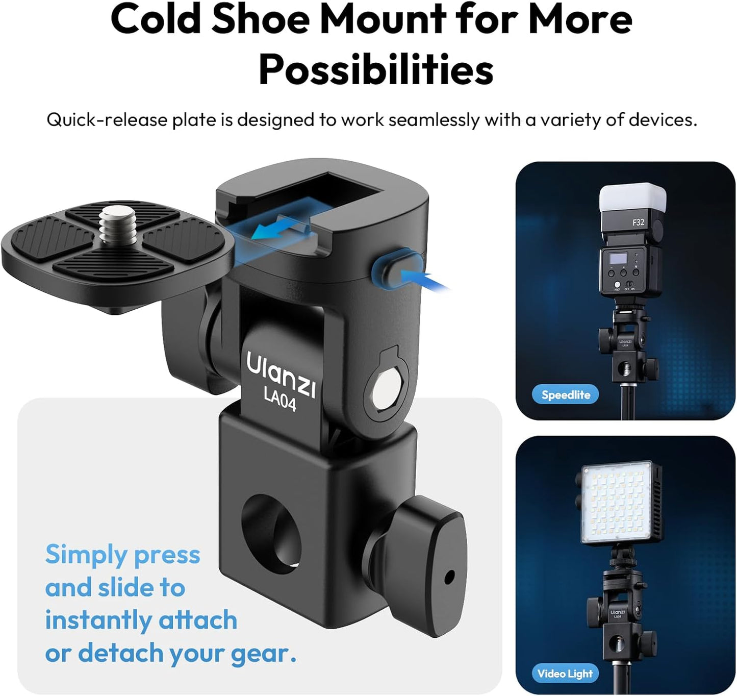 ULANZI LA04 Light Stand Adapter, 1/4â€ QR Mount, 180Â° Tilt, 3kg Load Capacity