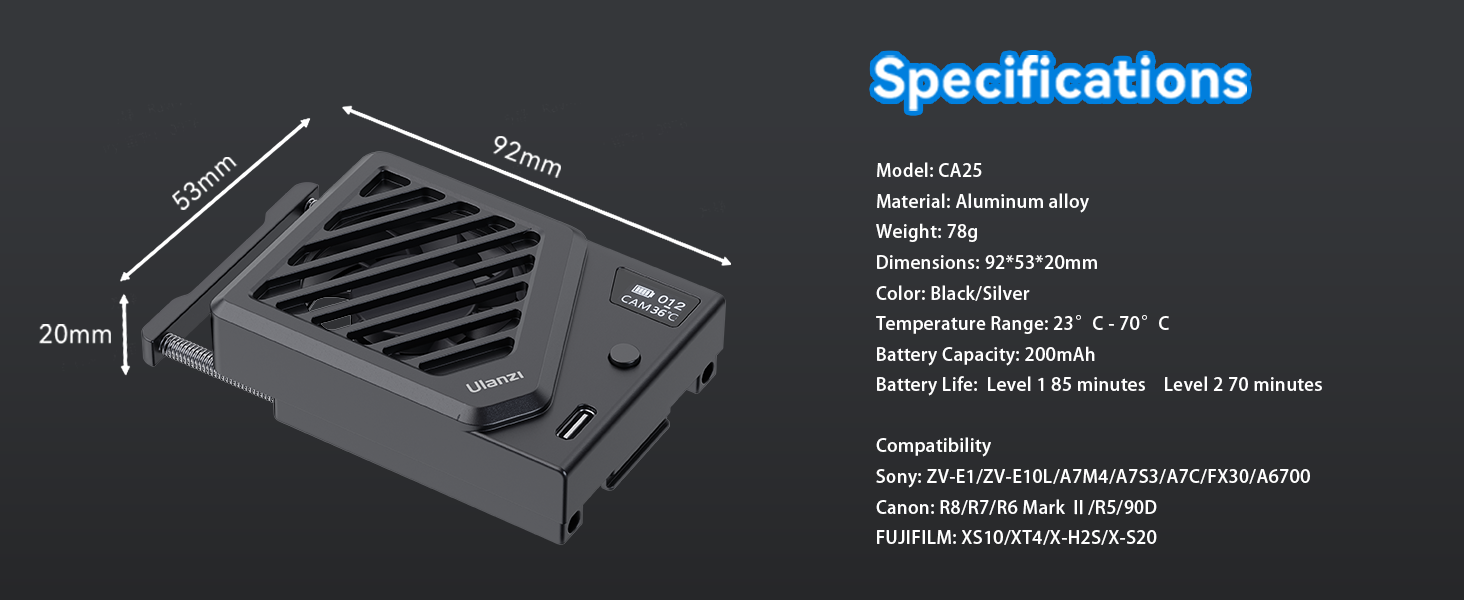 Ulanzi CA25 Camera Cooling Fan for Sony/Canon/FUJIFILM/Nikon C072GBB2 | Upgraded