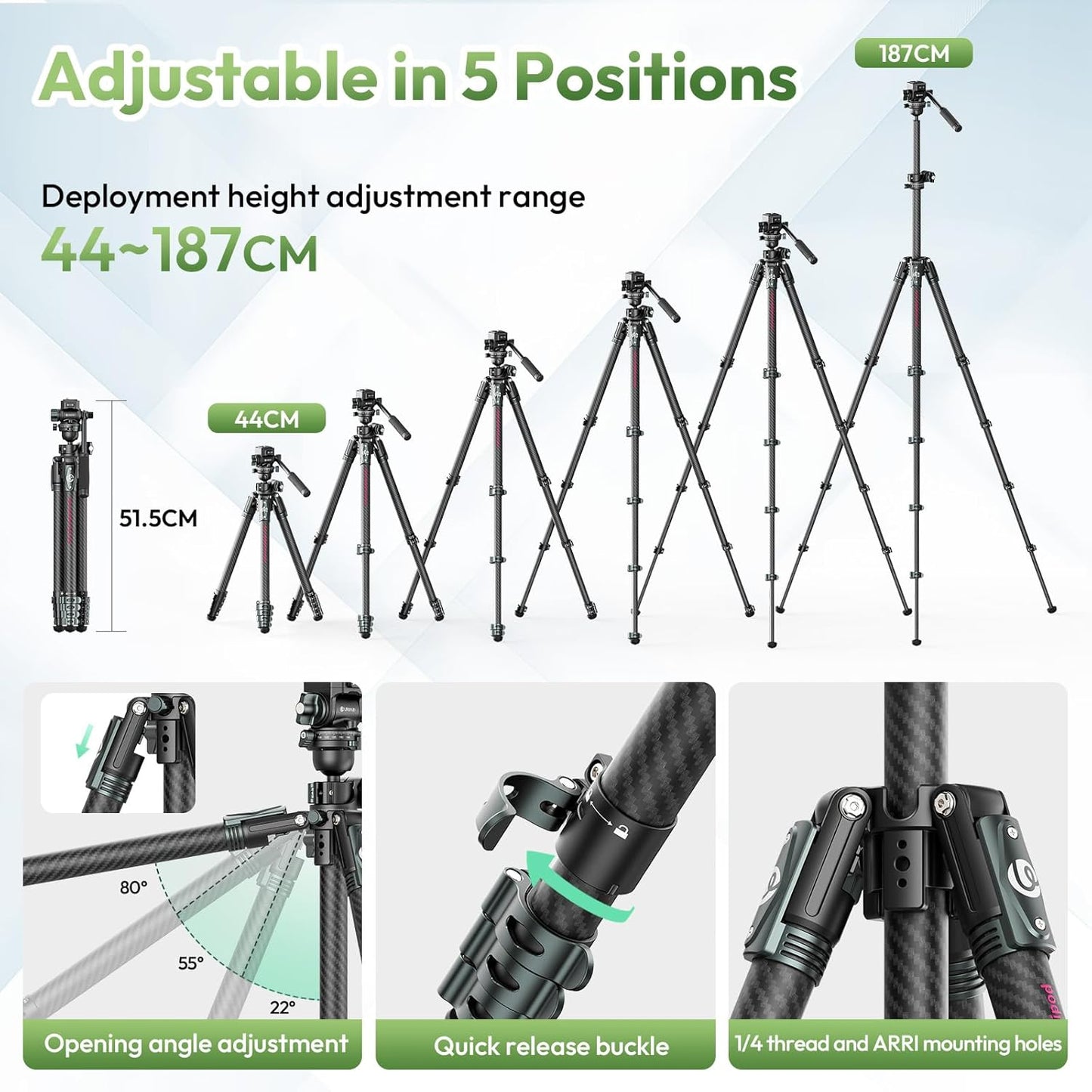 ULANZI JJ06 GlideGo Carbon Fiber Video Tripod, Dual 360Â° Pan Head, 73.6 inch Max Height, 11 lb Load