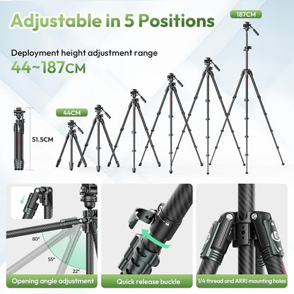 ULANZI JJ06 GlideGo Carbon Fiber Video Tripod, Dual 360Â° Pan Head, 73.6 inch Max Height, 11 lb Load